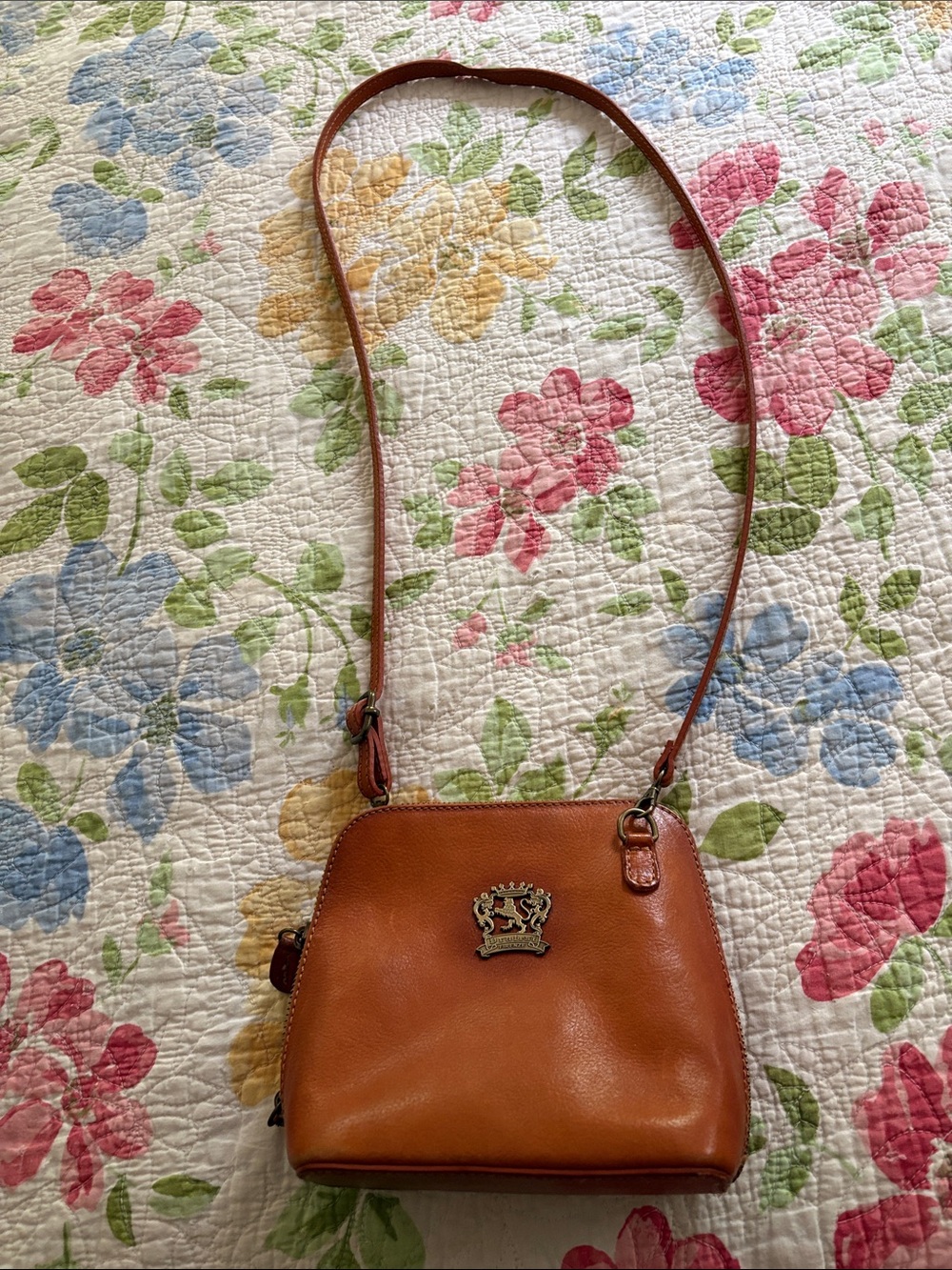 Tan Leather Crossbody Bag with Crown Emblem